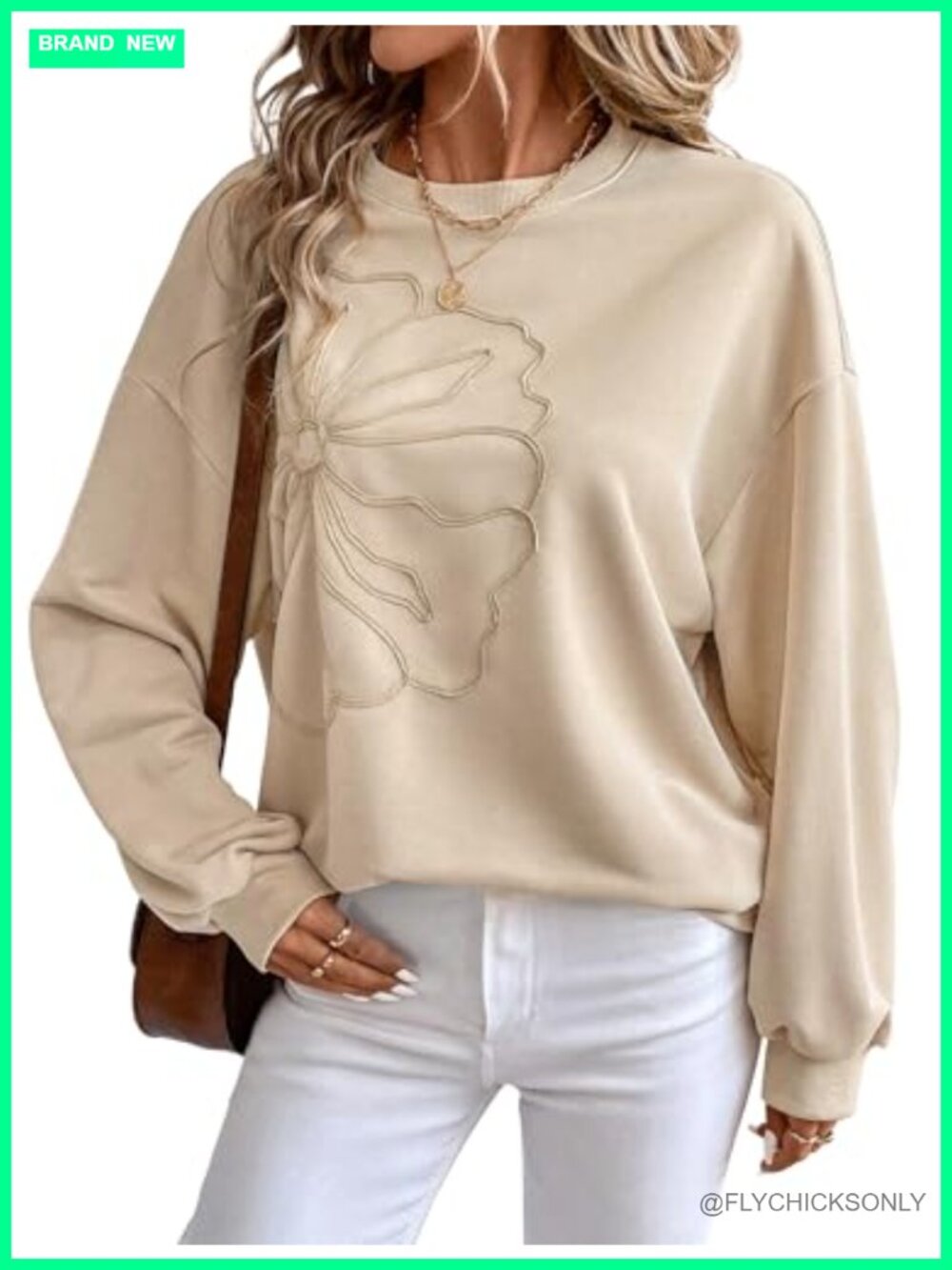 Oversized Crewneck Sweatshirt 3D Floral Textured Long Sleeve Pullover Top